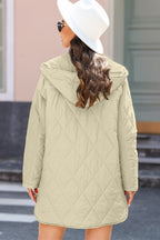 Beige quilted hooded coat with snap buttons from Dear-Lover Dropshipping, featuring polyester lining and filling.