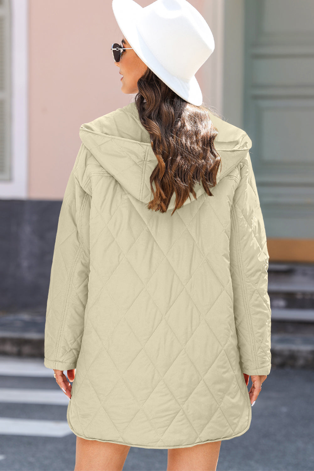 Beige quilted hooded coat with snap buttons from Dear-Lover Dropshipping, featuring polyester lining and filling.