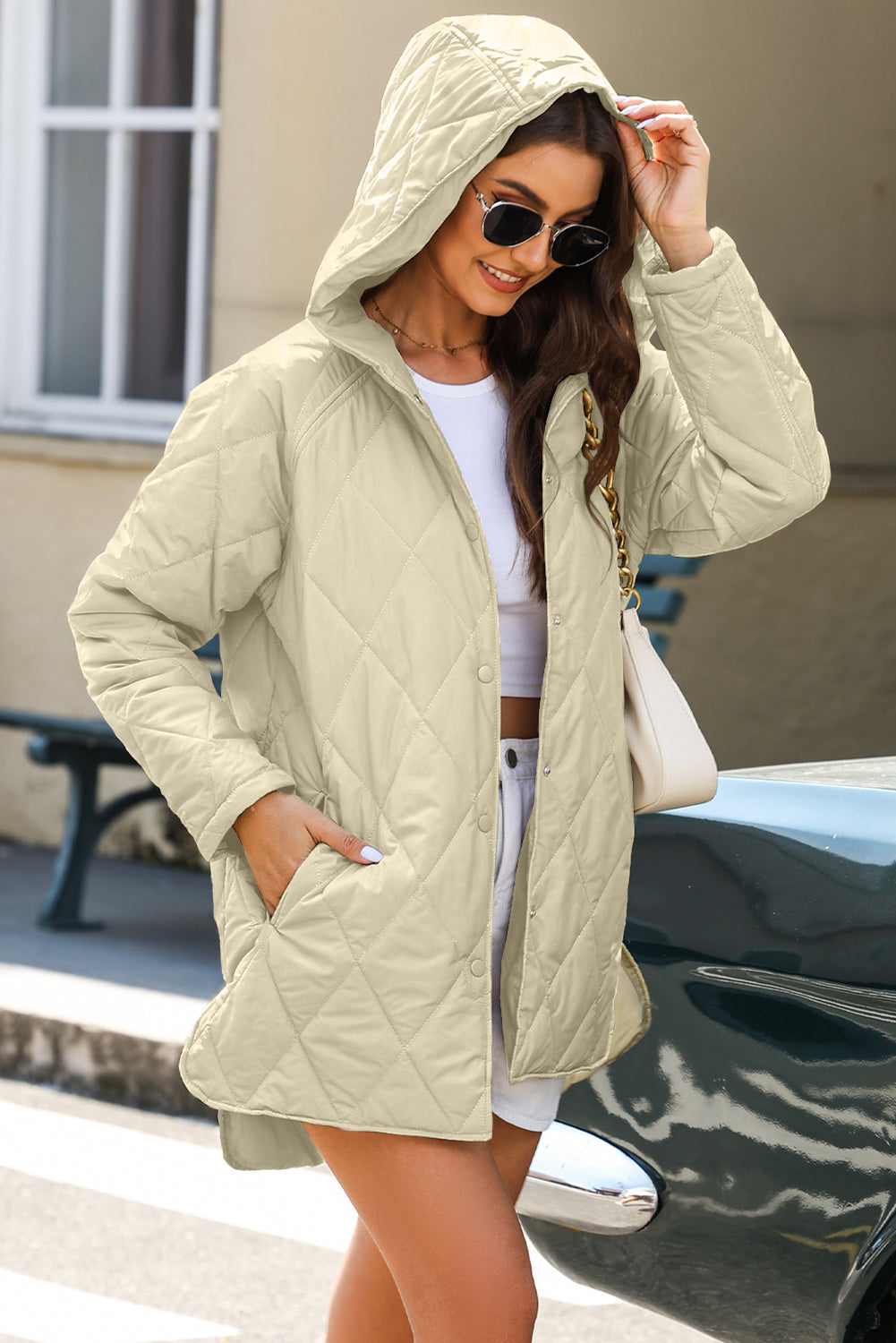 Beige quilted hooded coat with snap buttons from Dear-Lover, featuring polyester lining and filling, suitable for cold weather.