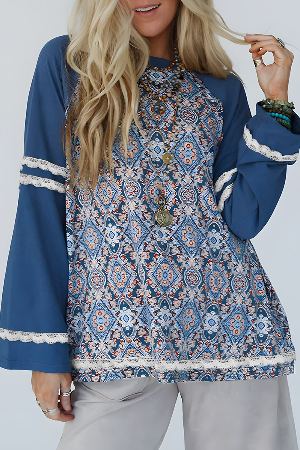 Blue geometric printed lace patchwork raglan long sleeve top by Dear-Lover with polyester, cotton, and elastane fabric.