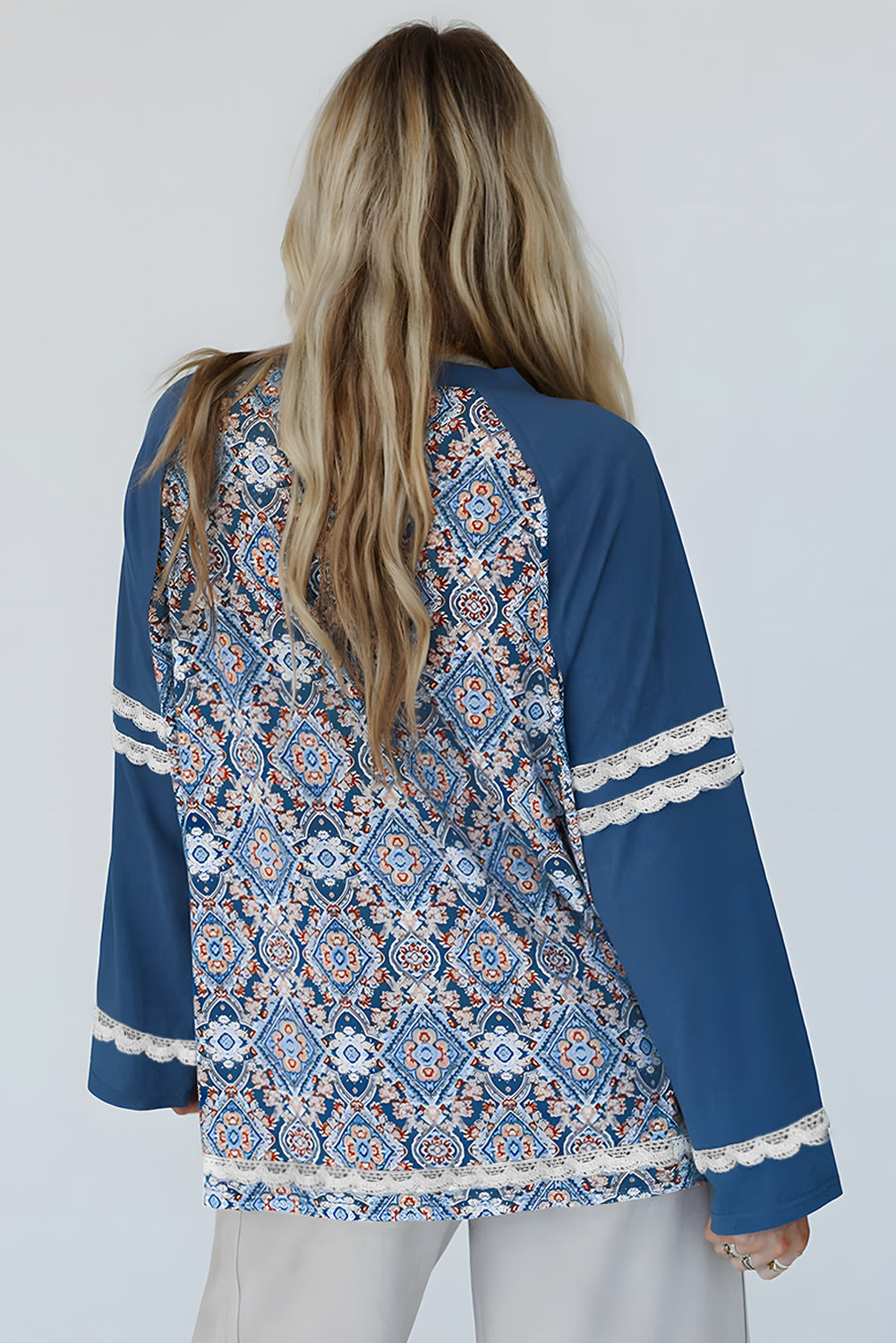 Blue geometric printed lace patchwork ric rac raglan long sleeve top by Dear-Lover, made of polyester, cotton, and elastane.
