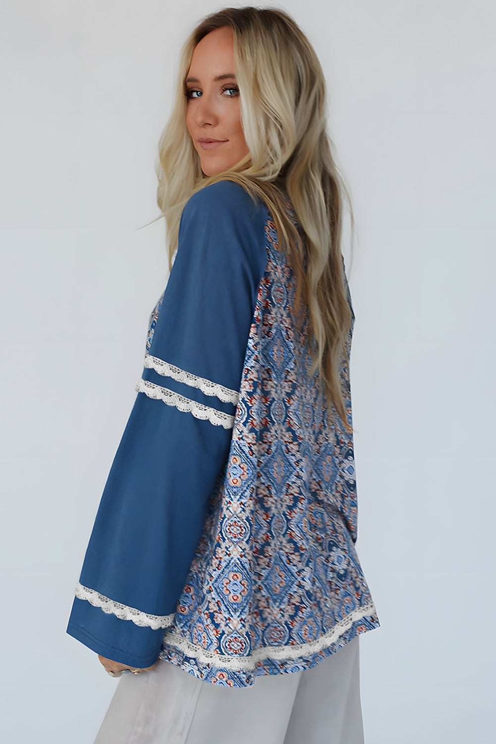 Blue geometric printed lace patchwork raglan long sleeve top by Dear-Lover with polyester, cotton, elastane blend and stylish design.