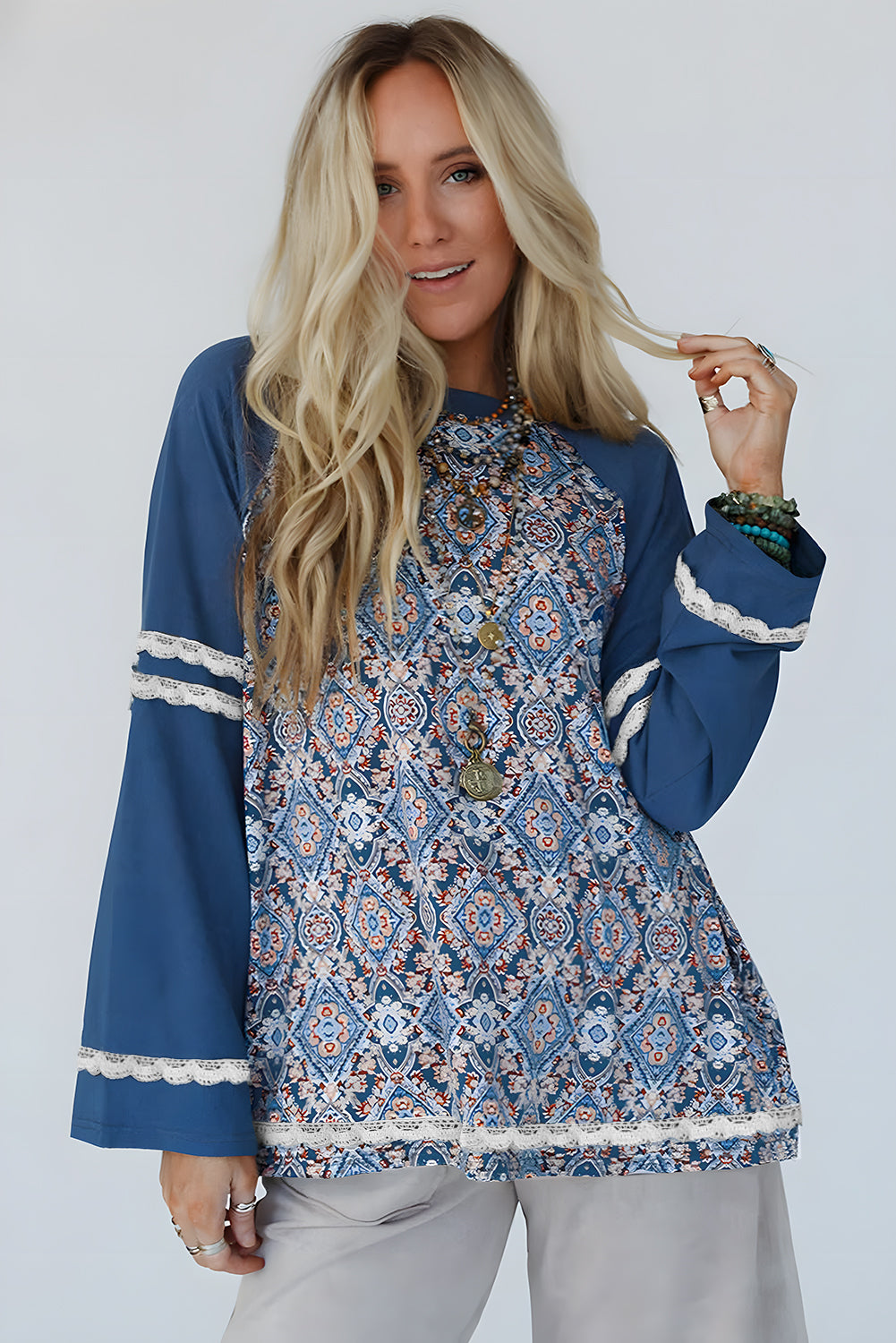 Blue geometric printed lace patchwork raglan long sleeve top by Dear-Lover, featuring lace details and colorful geometric patterns.
