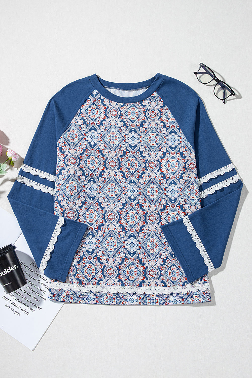 Blue geometric printed lace patchwork raglan long sleeve top by Dear-Lover with polyester, cotton, elastane blend and ric rac trim.