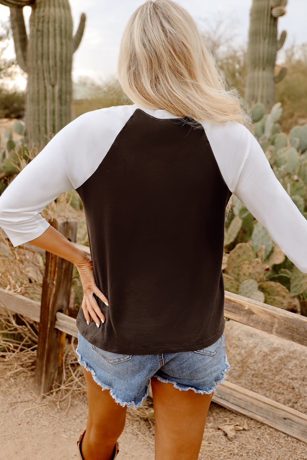 Brown Western Yeehaw graphic vintage raglan long sleeve top by Dear-Lover, featuring a casual Western design and comfortable long sleeves.