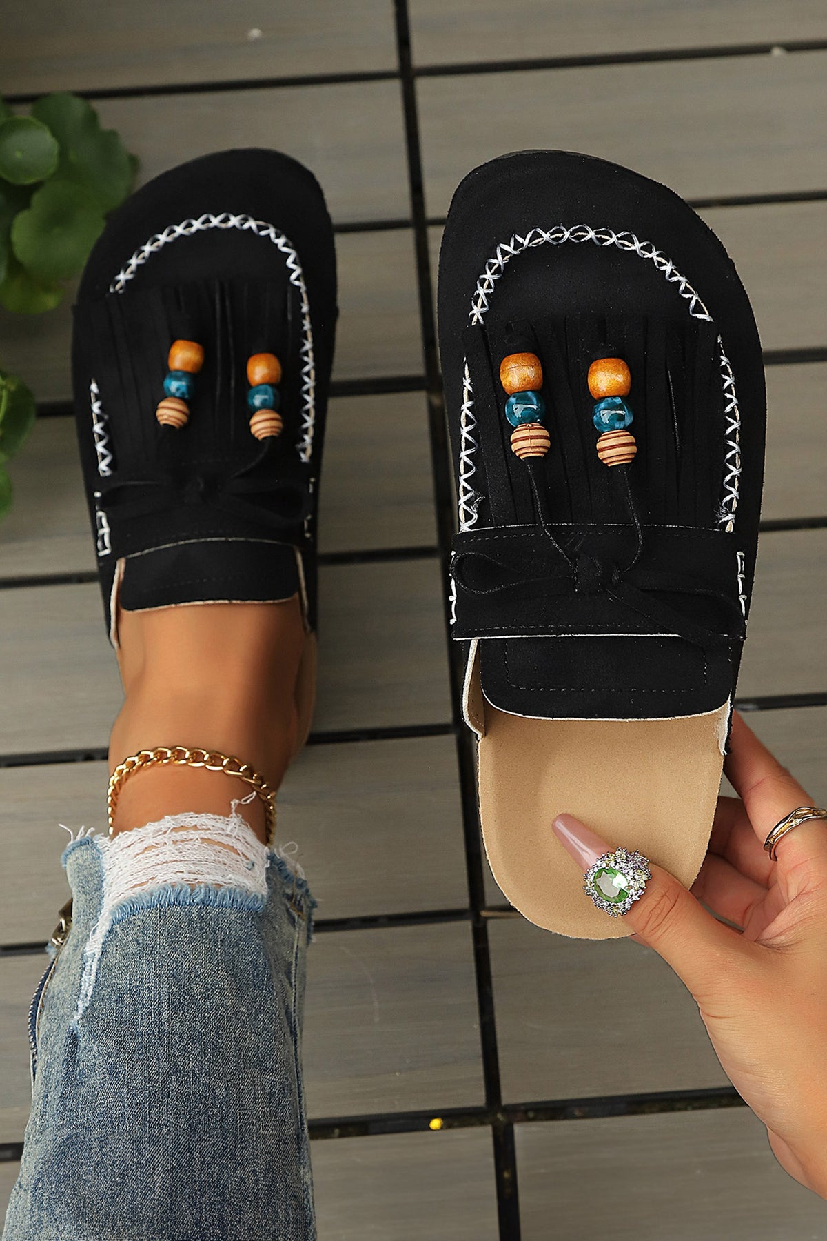 Black Boho Bow fringed faux suede slip-on loafers with square toe, casual slippers from Dear-Lover for stylish comfort.