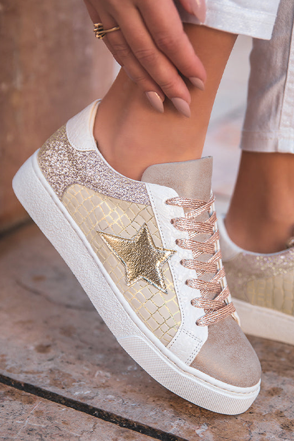 Dearlove gold glitter star patchwork PU leather lace-up sneakers for women, stylish shoes with glitter and star design.