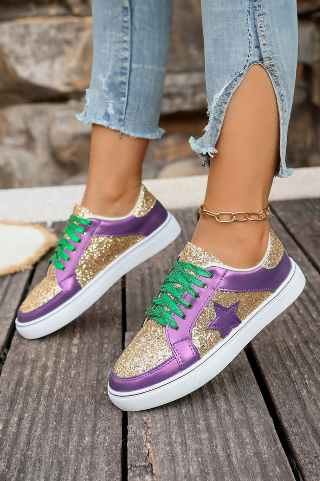 Dearlove Gold Glitter Star Patchwork PU Leather Lace-up Sneakers for women with shiny star design and stylish lace-up detail.