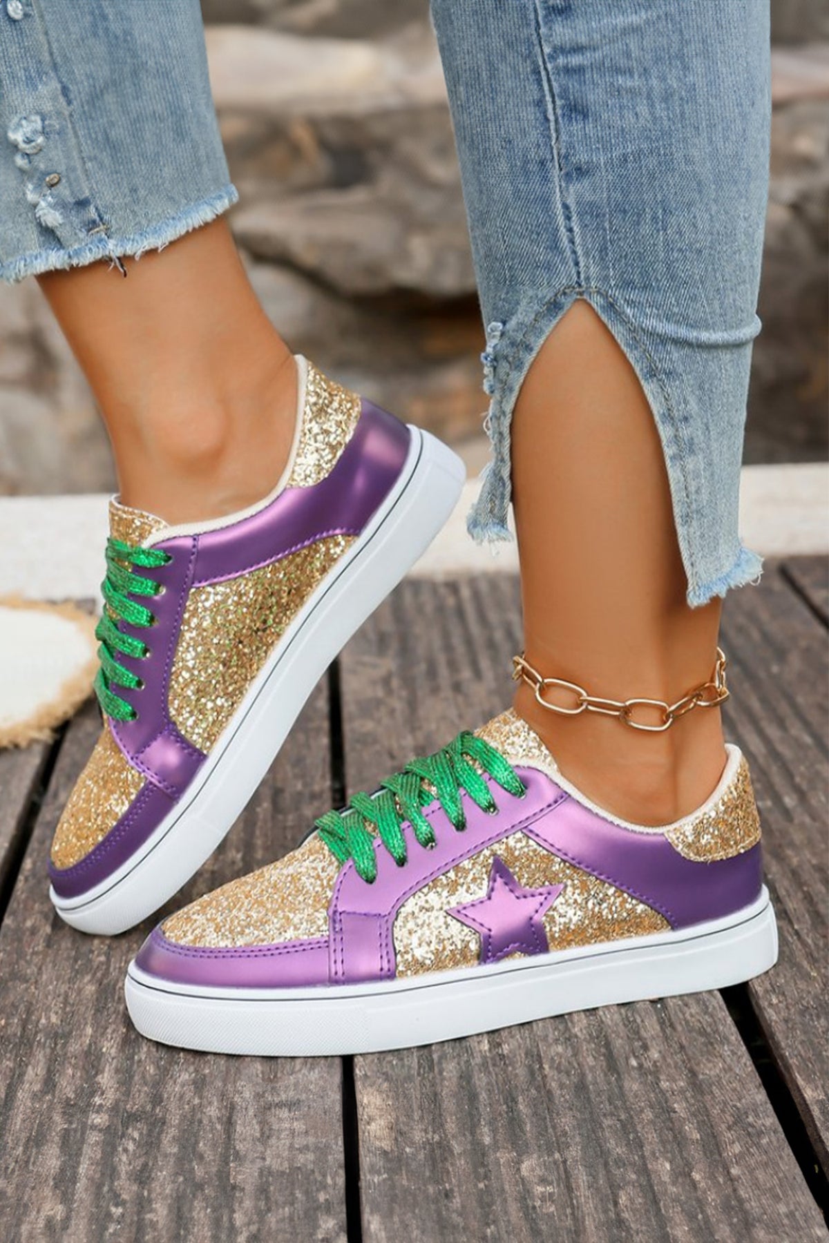 Dearlove gold glitter star patchwork PU leather lace-up sneakers for women, featuring a stylish and shiny design with star details.