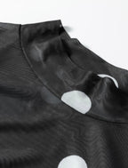 Black vintage polka dot print mesh long sleeve bodysuit from Dear-Lover with semi-sheer fabric and fitted design.