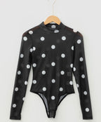 Black vintage polka dot print mesh long sleeve bodysuit by Dear-Lover, featuring sheer fabric and a fitted design.