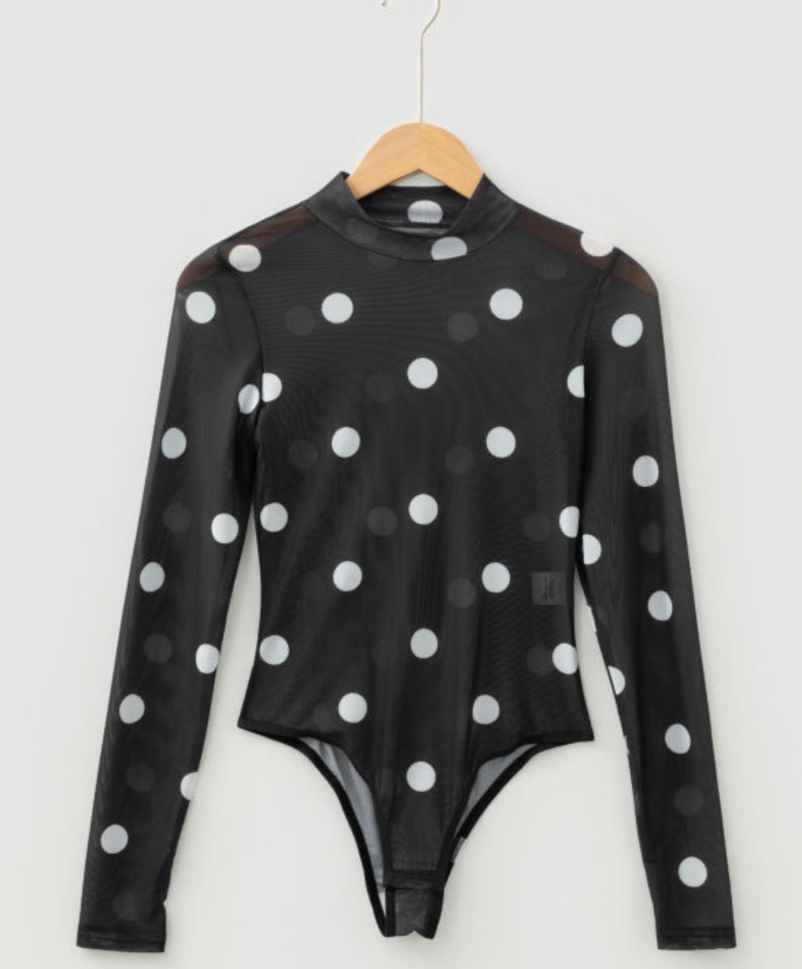 Black vintage polka dot print mesh long sleeve bodysuit by Dear-Lover, featuring sheer fabric and a fitted design.