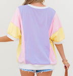 Cotton Candy color block cotton tee by Dear-Lover Dropshipping featuring a casual, relaxed fit with vibrant pastel color blocks.