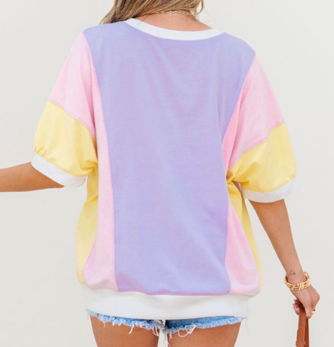 Cotton Candy color block cotton tee by Dear-Lover Dropshipping featuring a casual, relaxed fit with vibrant pastel color blocks.