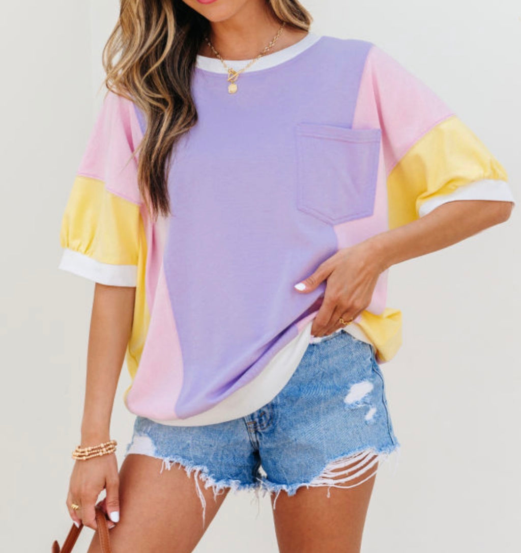 Cotton Candy color block tee by Dear-Lover Dropshipping, featuring a casual cotton t-shirt with vibrant pastel color blocks.