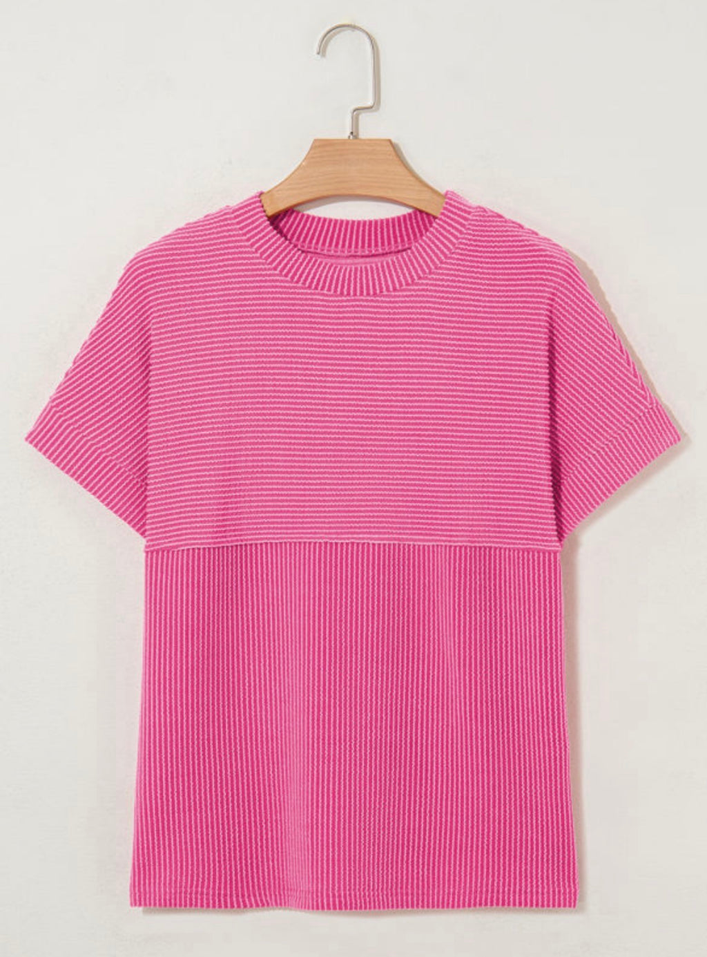 Pink Dear-Lover Rib Tee featuring a fitted, stretchy ribbed design, casual style, and short sleeves.