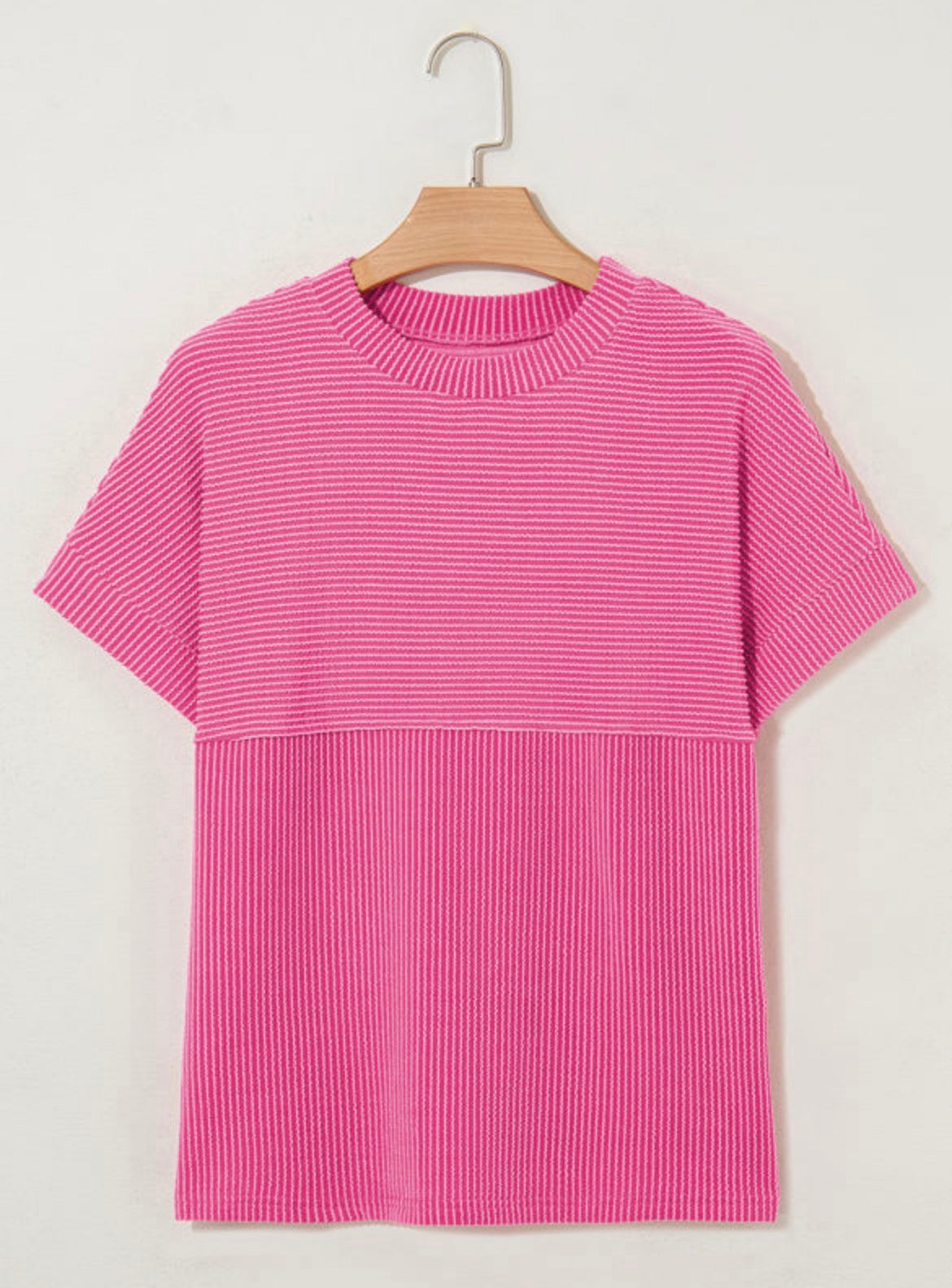 Pink Dear-Lover Rib Tee featuring a fitted, stretchy ribbed design, casual style, and short sleeves.