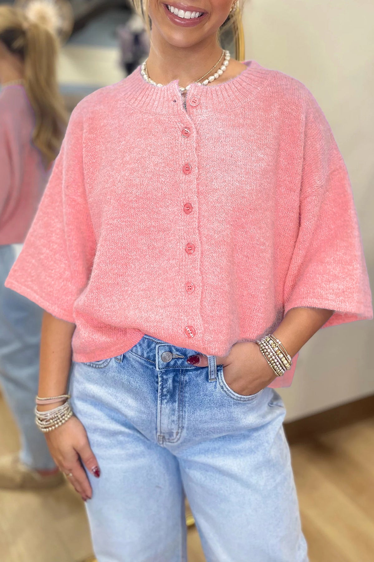 Peach Blossom Dear-Lover 3/4 sleeve boxy knit cardigan with button-down front, soft fabric blend, and a stylish, casual design.