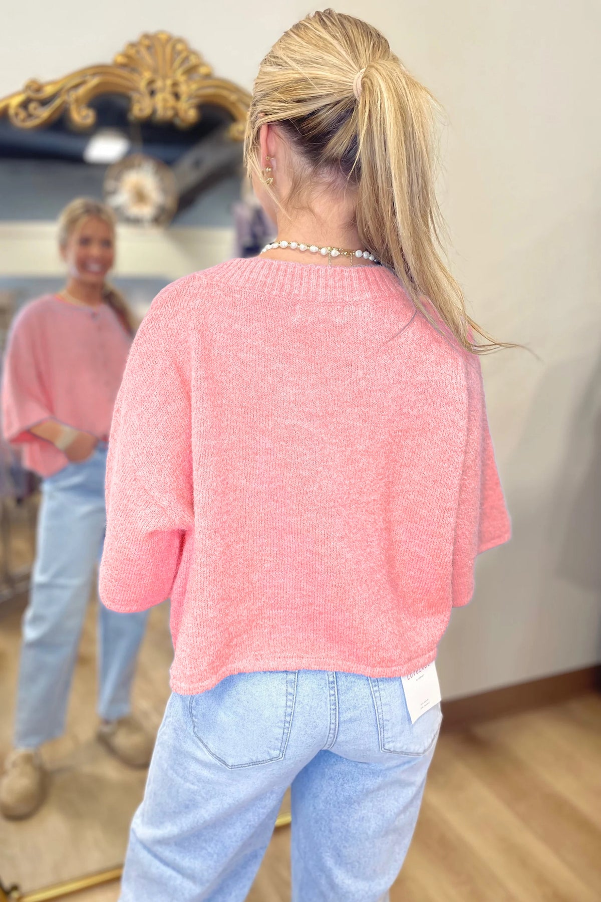 Peach Blossom Dear-Lover boxy knit cardigan with 3/4 sleeves, button-down front, in soft peach with textured knit fabric.