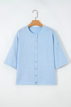 Peach Blossom Dear-Lover 3/4 sleeve boxy knit cardigan with button-down front, soft acrylic and polyester blend, casual and stylish.