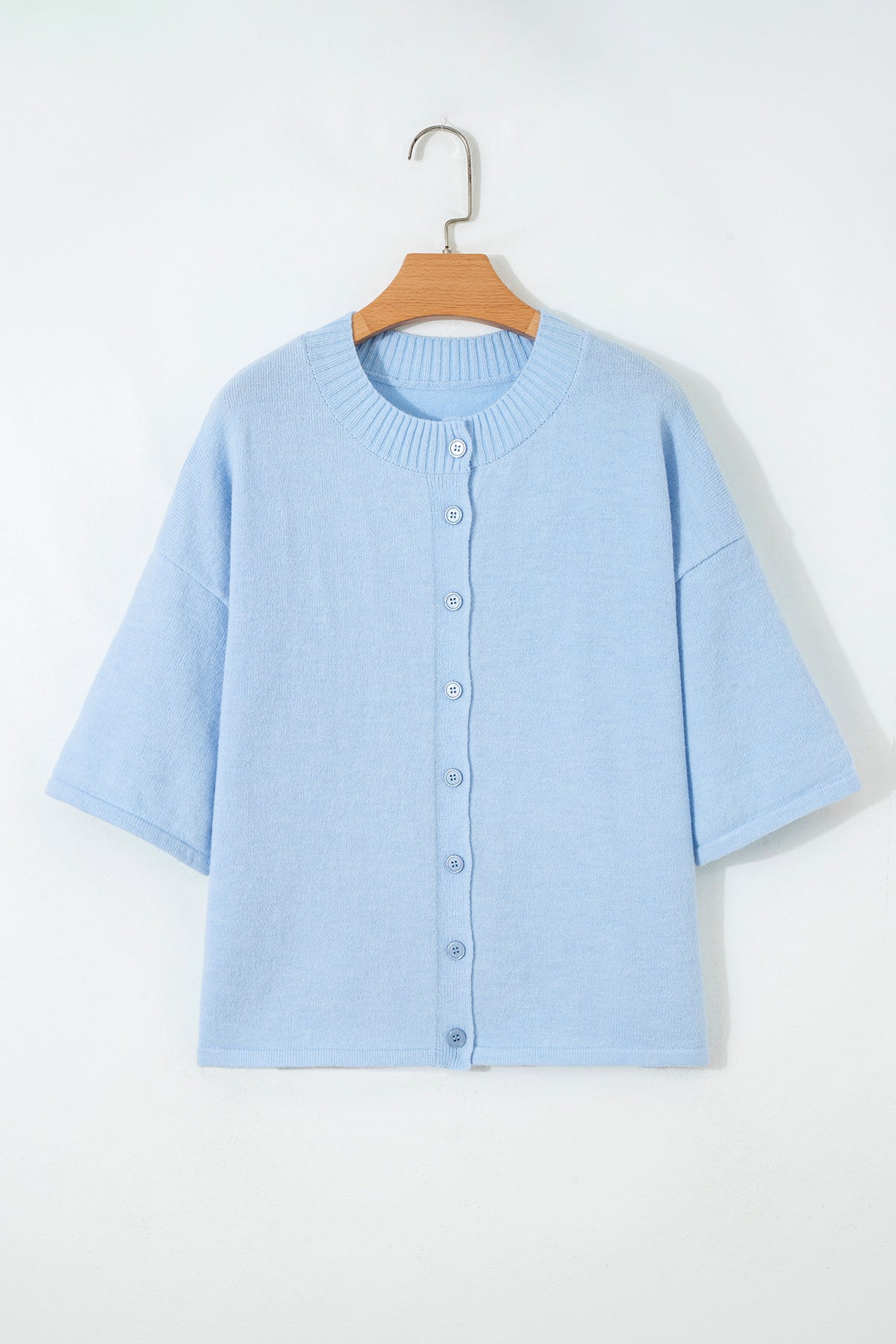 Peach Blossom Dear-Lover 3/4 sleeve boxy knit cardigan with button-down front, soft acrylic and polyester blend, casual and stylish.