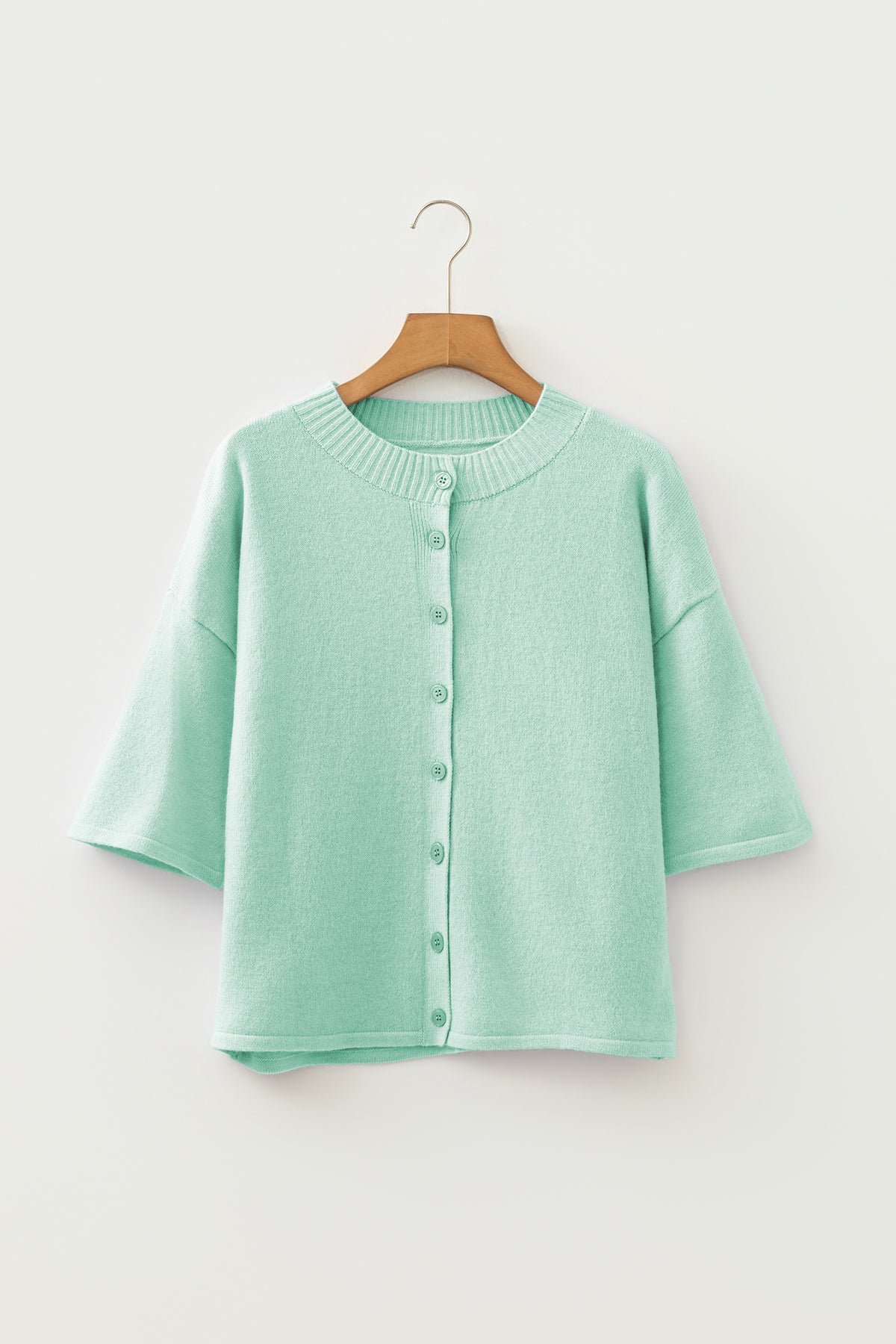 Dear-Lover Peach Blossom 3/4 Sleeve Boxy Knit Cardigan with button-down front, soft acrylic and polyester blend, lightweight sweater.