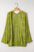 Spinach green oversized crochet knit cardigan by Dear-Lover, open-front sweater with a cozy, textured design.