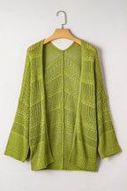 Spinach green oversized crochet knit cardigan by Dear-Lover, open-front sweater with a cozy, textured design.
