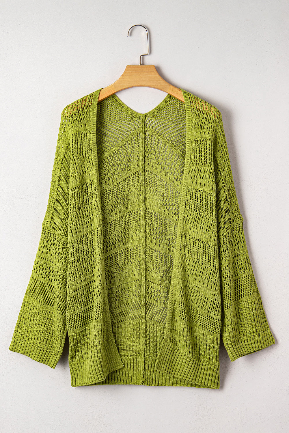 Spinach green oversized crochet knit cardigan by Dear-Lover, open-front sweater with a cozy, textured design.
