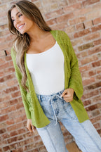 Spinach green oversized crochet knit cardigan from Dear-Lover, open-front sweater made of 100% acrylic, casual and cozy.