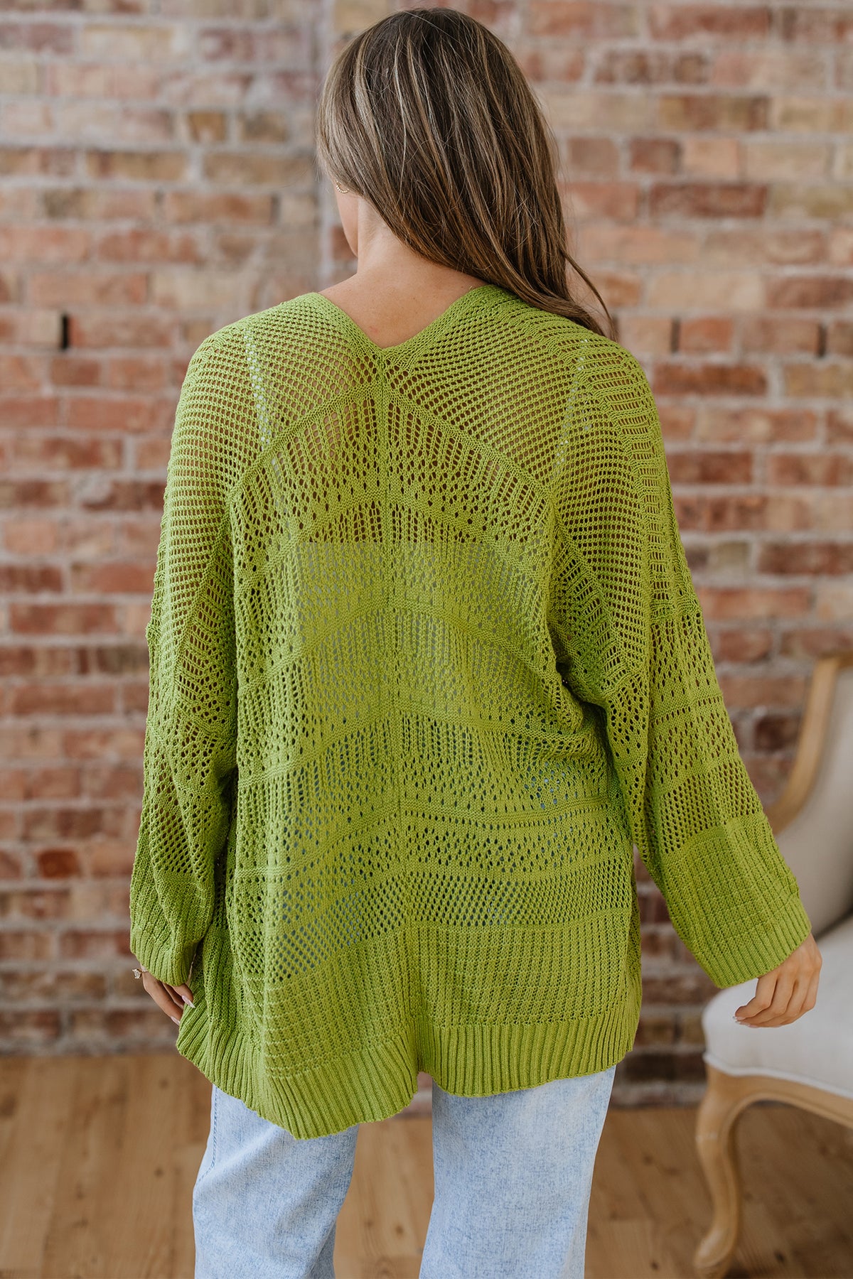 Spinach green oversized crochet knit open cardigan by Dear-Lover, made of 100% acrylic, featuring a cozy, stylish sweater design.