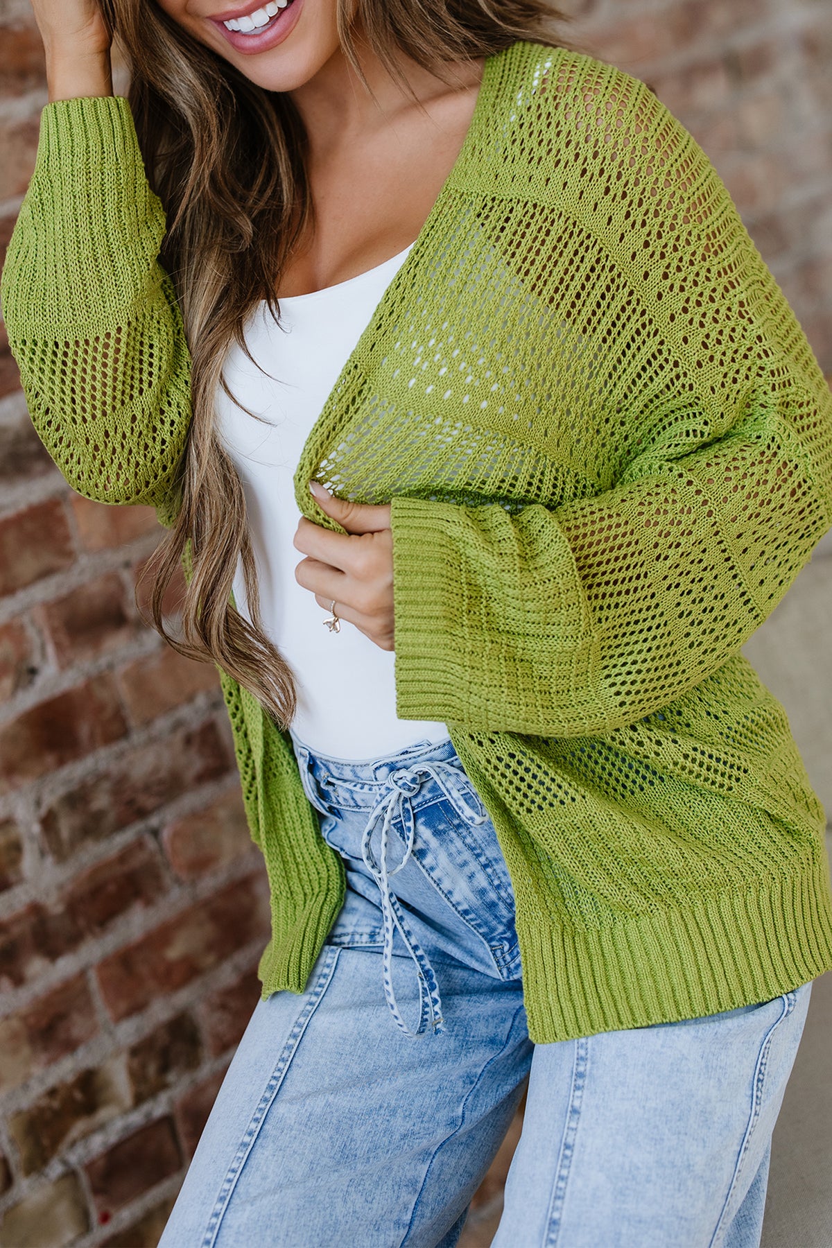 Spinach green oversized crochet knit cardigan by Dear-Lover, open-front sweater with a stylish, cozy design in acrylic yarn.