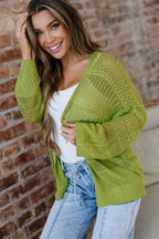 Spinach green oversized crochet knit open cardigan by Dear-Lover, made of 100% acrylic, featuring a cozy, open-front sweater style.