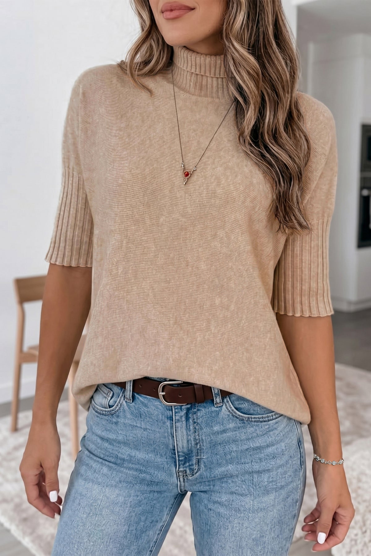Beige ribbed trim high-neck short sleeve casual sweater by Dear-Lover, made of polyester, acrylic, and polyamide.