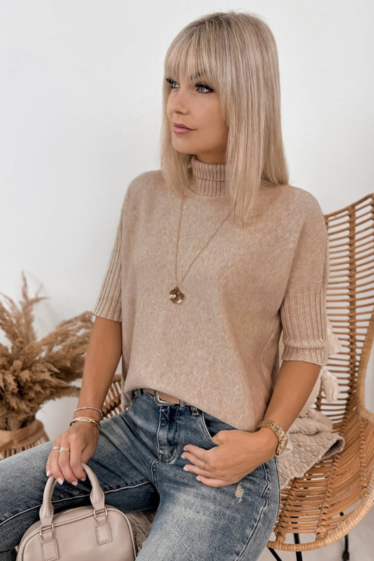 Beige ribbed trim high neck short sleeve casual sweater by Dear-Lover, featuring a cozy knit and stylish design.