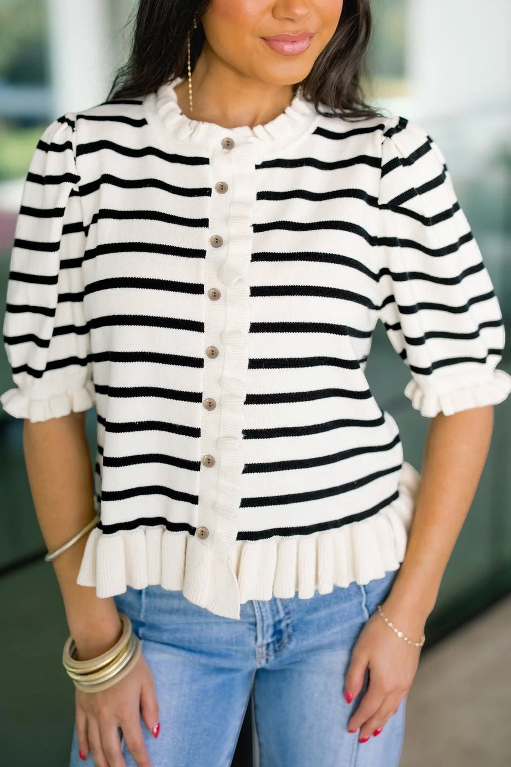 Beige striped ruffle trim button-down short sleeve knit sweater cardigan by Dear-Lover, featuring a stylish design and soft fabric.