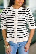 Beige striped ruffle trim button-down short sleeve knit sweater cardigan by Dear-Lover, featuring a stylish design and soft fabric.