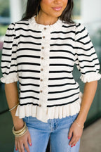 Beige striped ruffle trim button-down short sleeve knit sweater cardigan by Dear-Lover, featuring a stylish design and soft fabric.