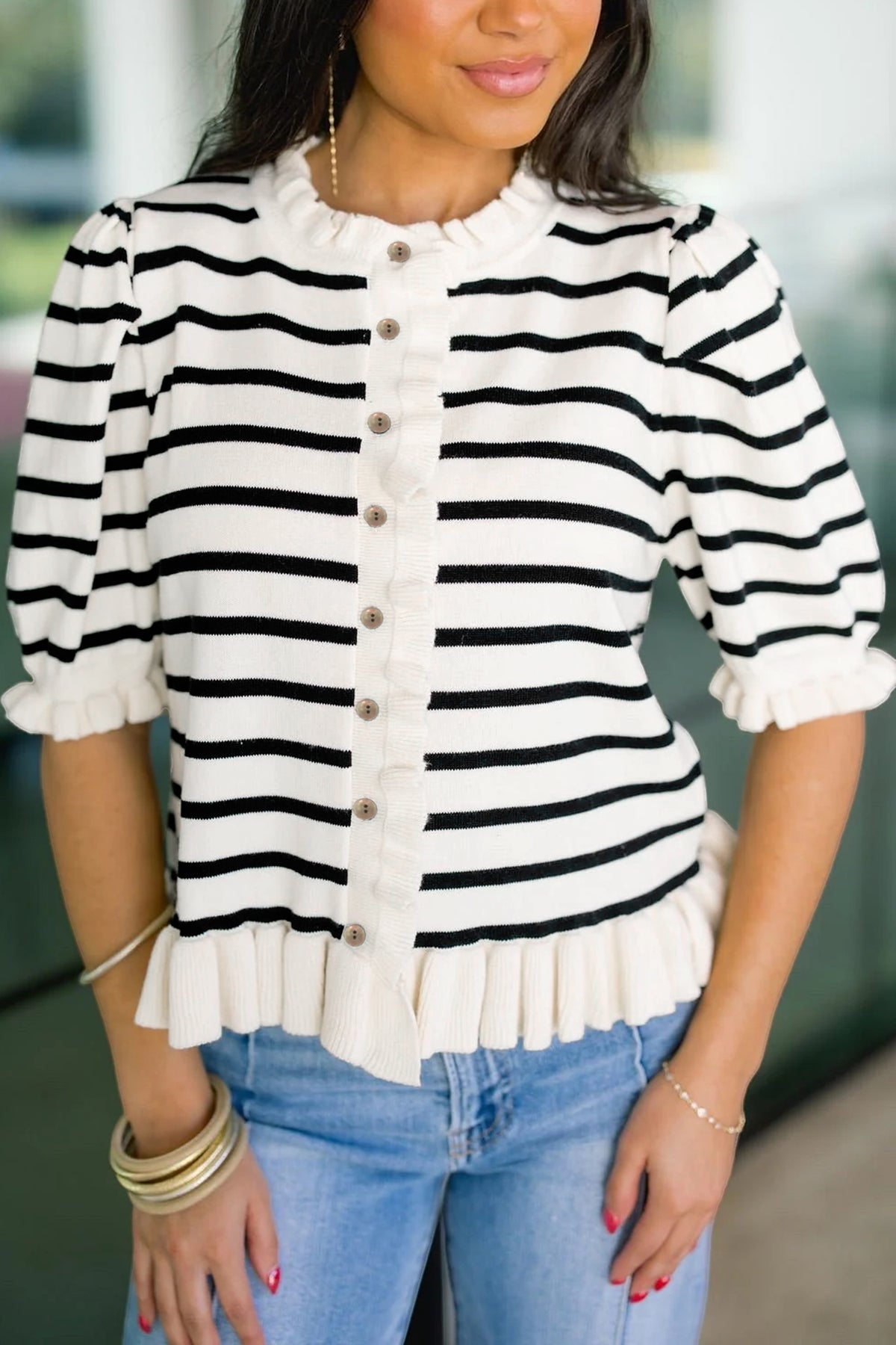 Beige striped ruffle trim button-down short sleeve knit sweater cardigan by Dear-Lover, featuring a stylish design and soft fabric.