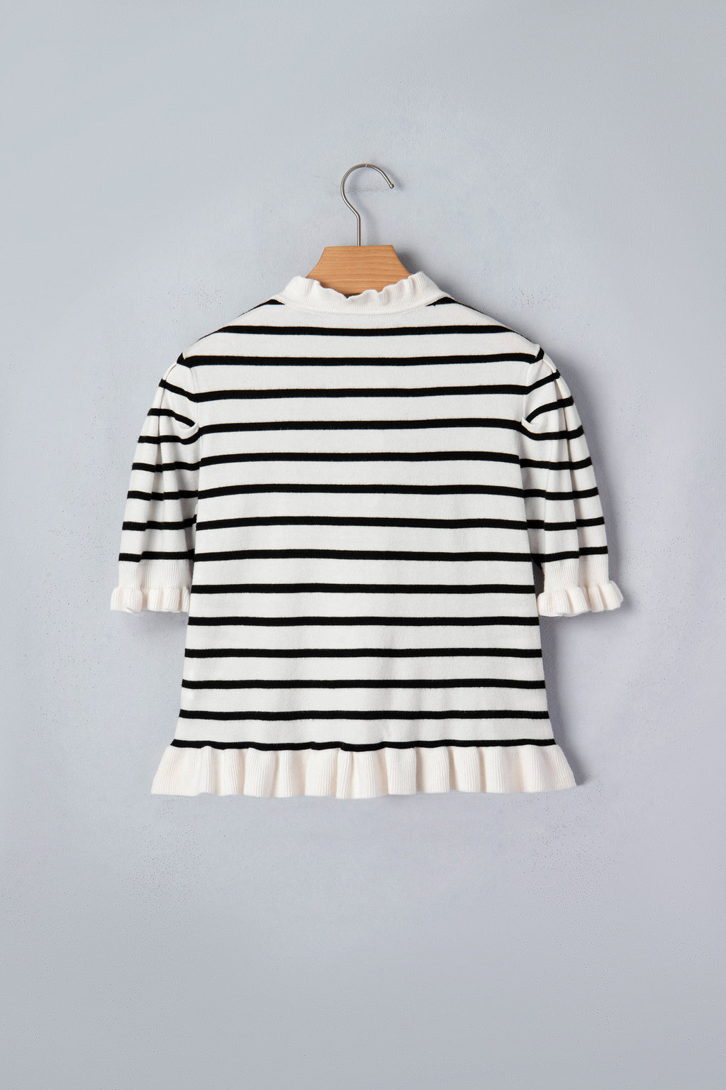 Beige stripe ruffle trim button-down short sleeve knit sweater cardigan by Dear-Lover, featuring a stylish design and ruffle details.