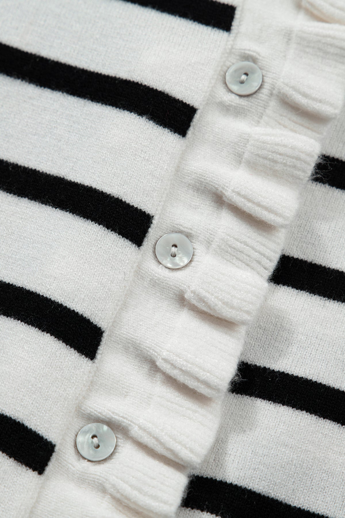 Beige striped short sleeve knit sweater cardigan with ruffle trim and button-down front, by Dear-Lover Dropshipping.