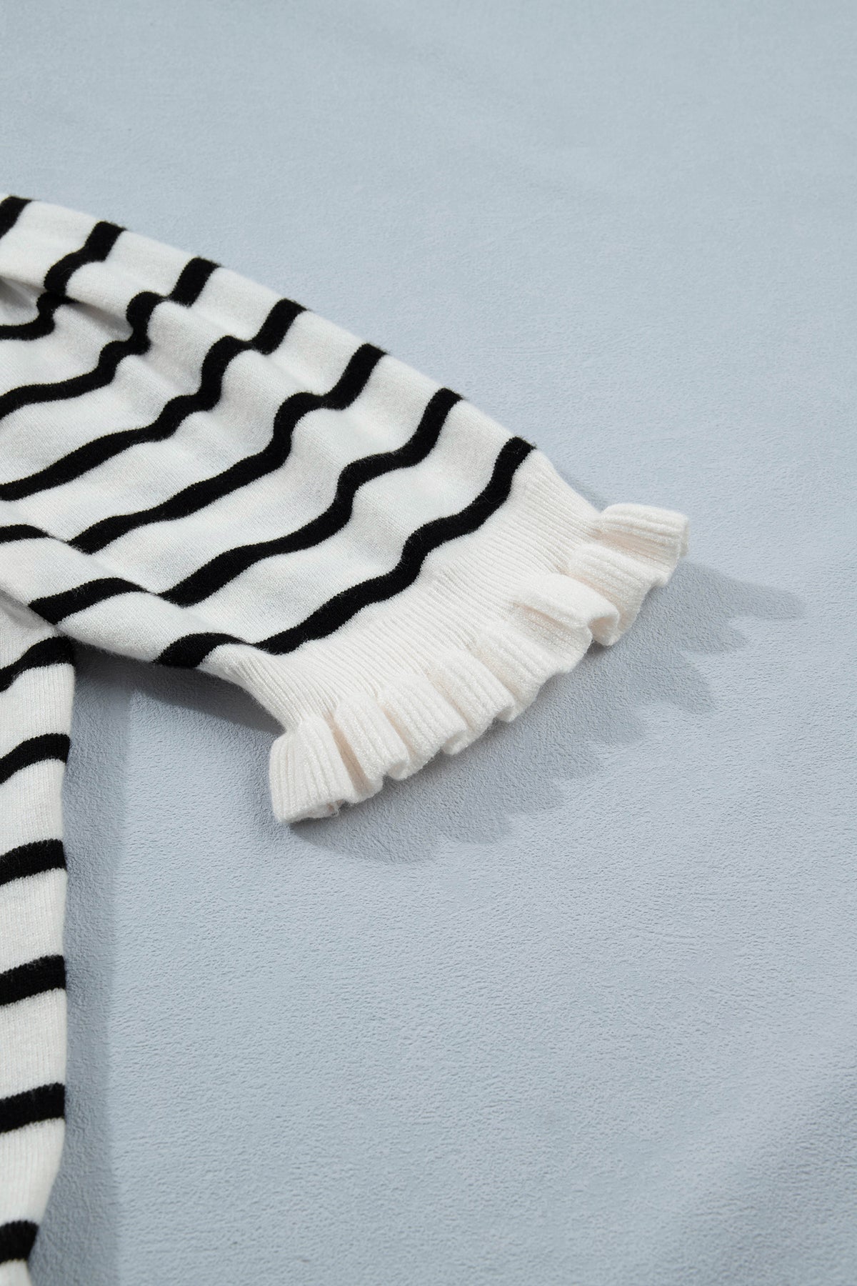 Beige stripe ruffle trim button-down knit short sleeve sweater cardigan by Dear-Lover, featuring ruffle details and a classic design.