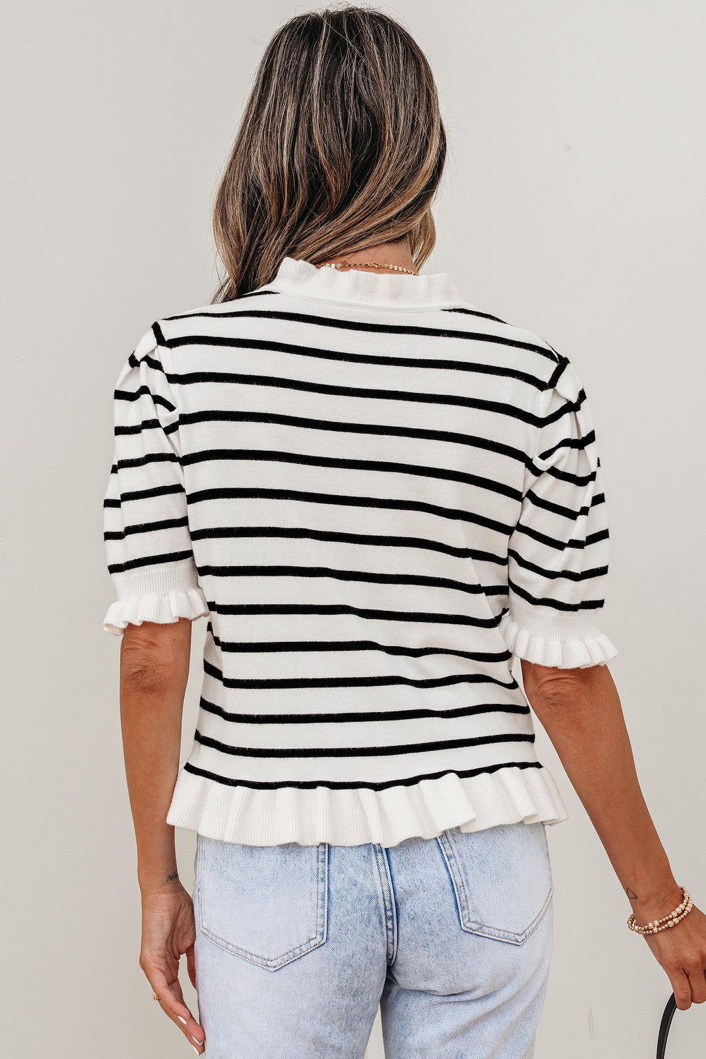 Beige stripe ruffle trim button-down knit short sleeve sweater cardigan by Dear-Lover, featuring a stylish ruffle detail and button closure.
