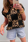 Black Leopard Checkerboard Short Sleeve Knit Sweater by Dear-Lover, featuring a bold pattern and comfortable short sleeves.