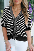 Black stripe short sleeve knit sweater with V-neck and bow knot detail, made of cotton and acrylic, by Dear-Lover.