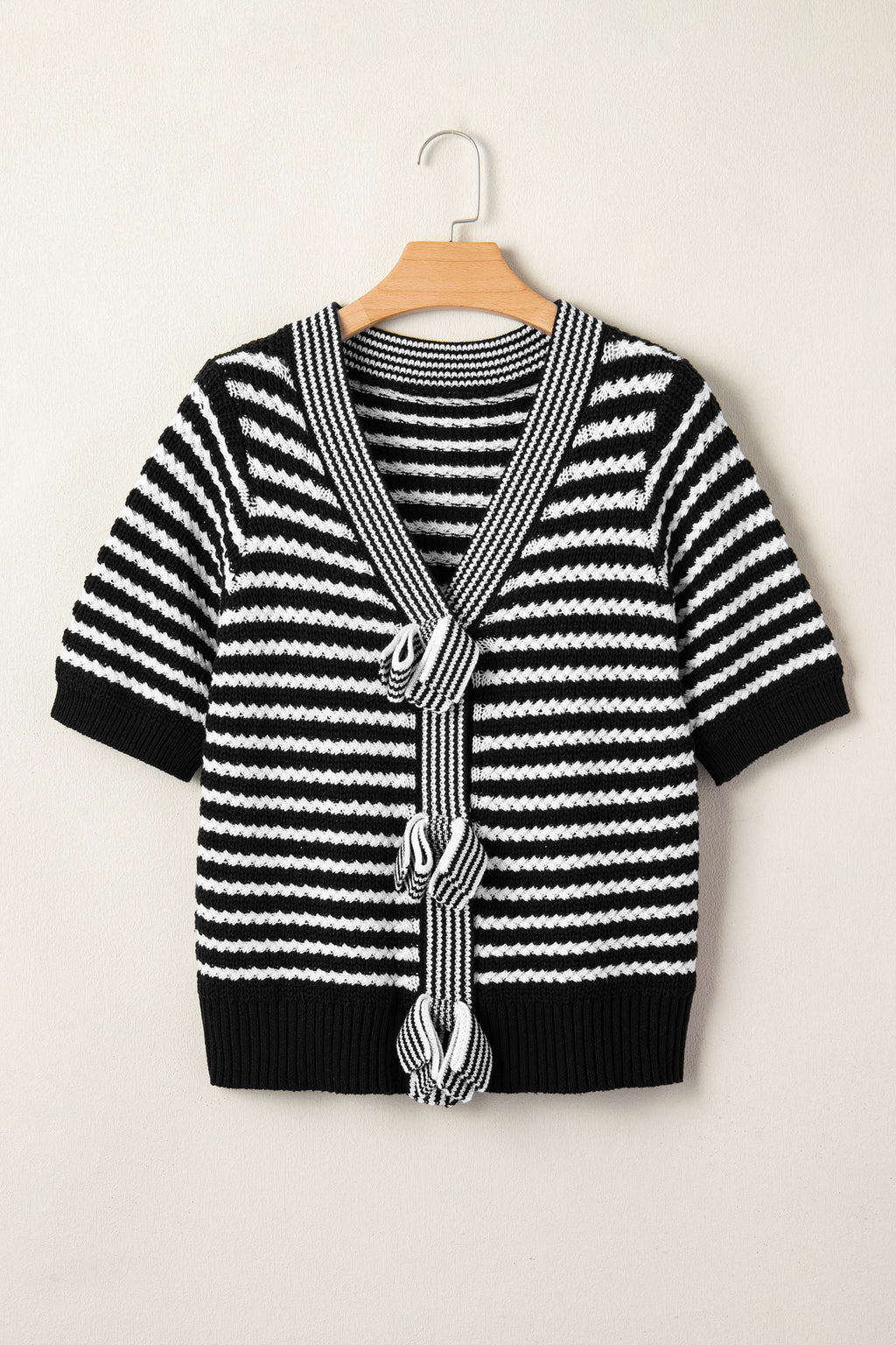 Black stripe short sleeve knit sweater with V-neck and bow knot detail, made from cotton and acrylic by Dear-Lover Dropshipping.