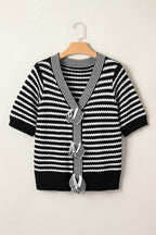 Black stripe short sleeve knit sweater with V-neck and bow knot detail, made from cotton and acrylic by Dear-Lover Dropshipping.