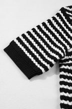 Black stripe short sleeve knit sweater with V-neck and bow knot, made by Dear-Lover, featuring a stylish and comfortable design.