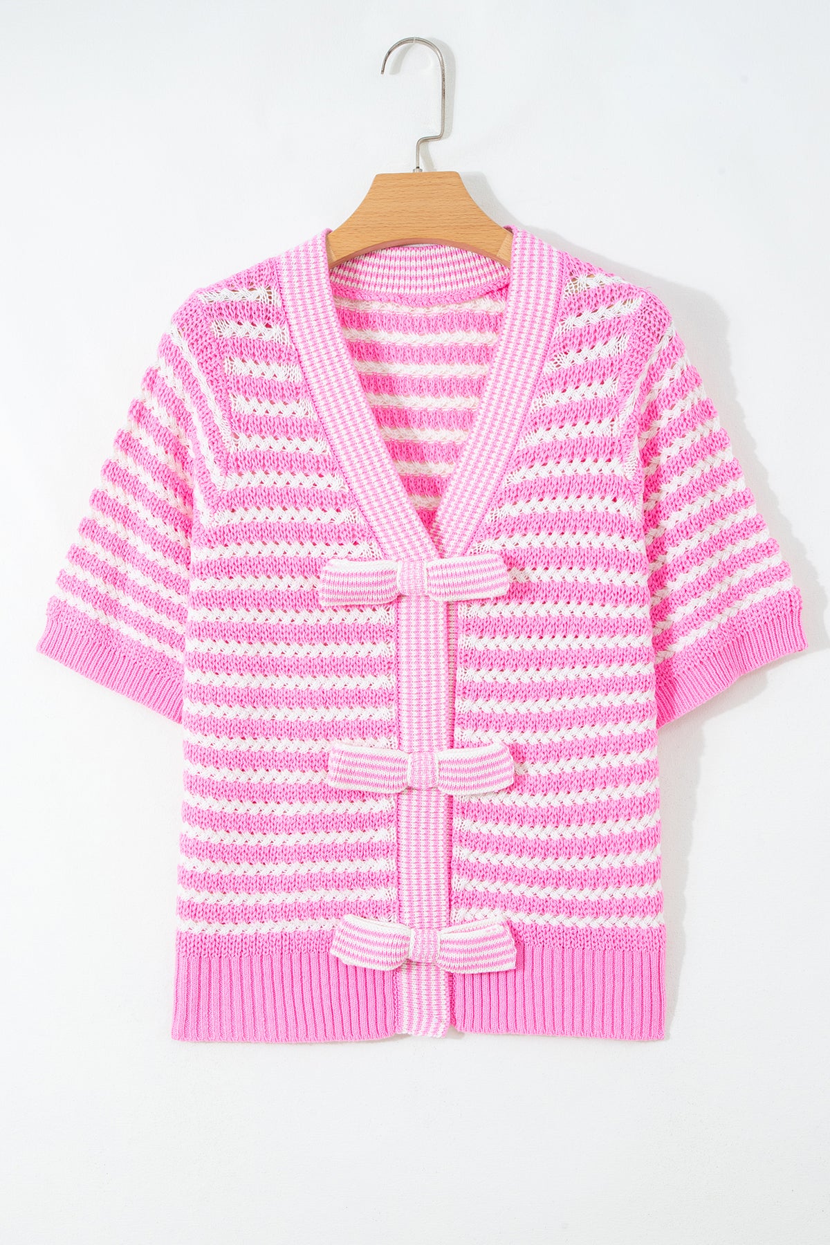 Black stripe short sleeve knit sweater with V-neck and bow knot detail by Dear-Lover, perfect for casual wear.