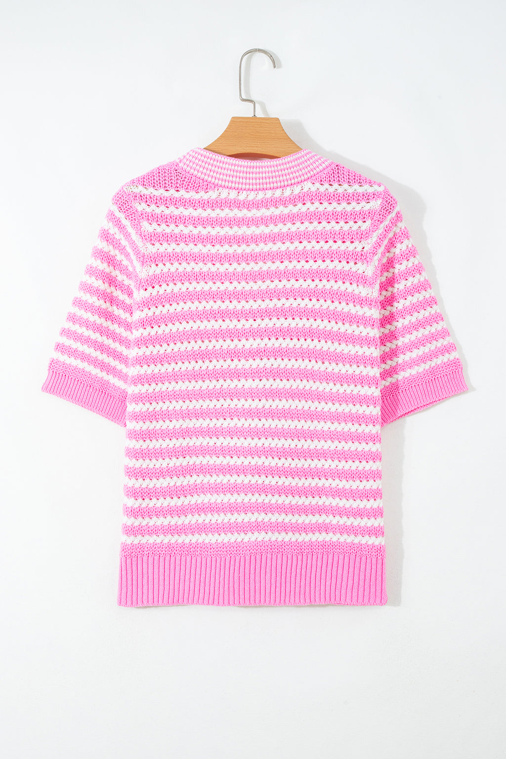 Black stripe short sleeve knit sweater with V-neck and bow knot detail, from Dear-Lover, made of cotton and acrylic.